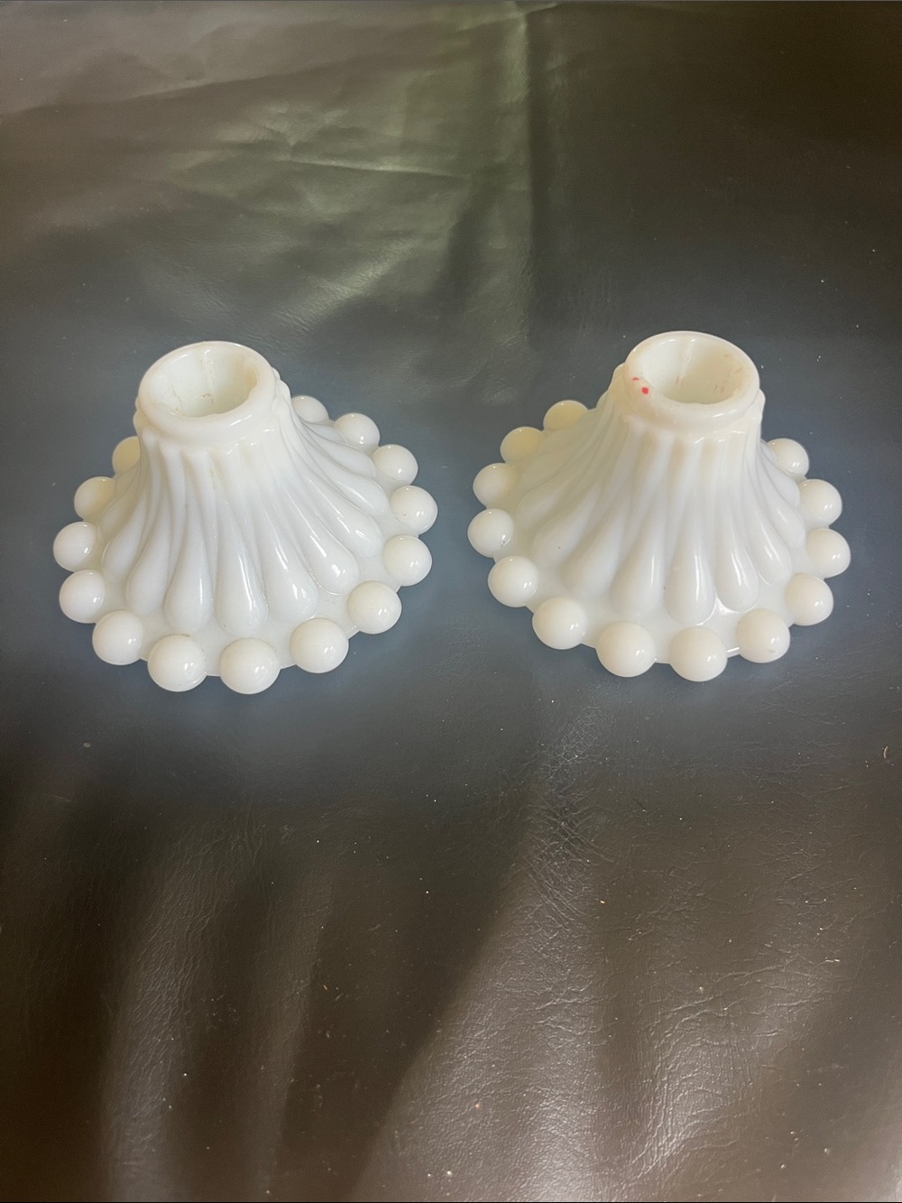 Pair of White Milk Glass Beaded Edge candle stick holders